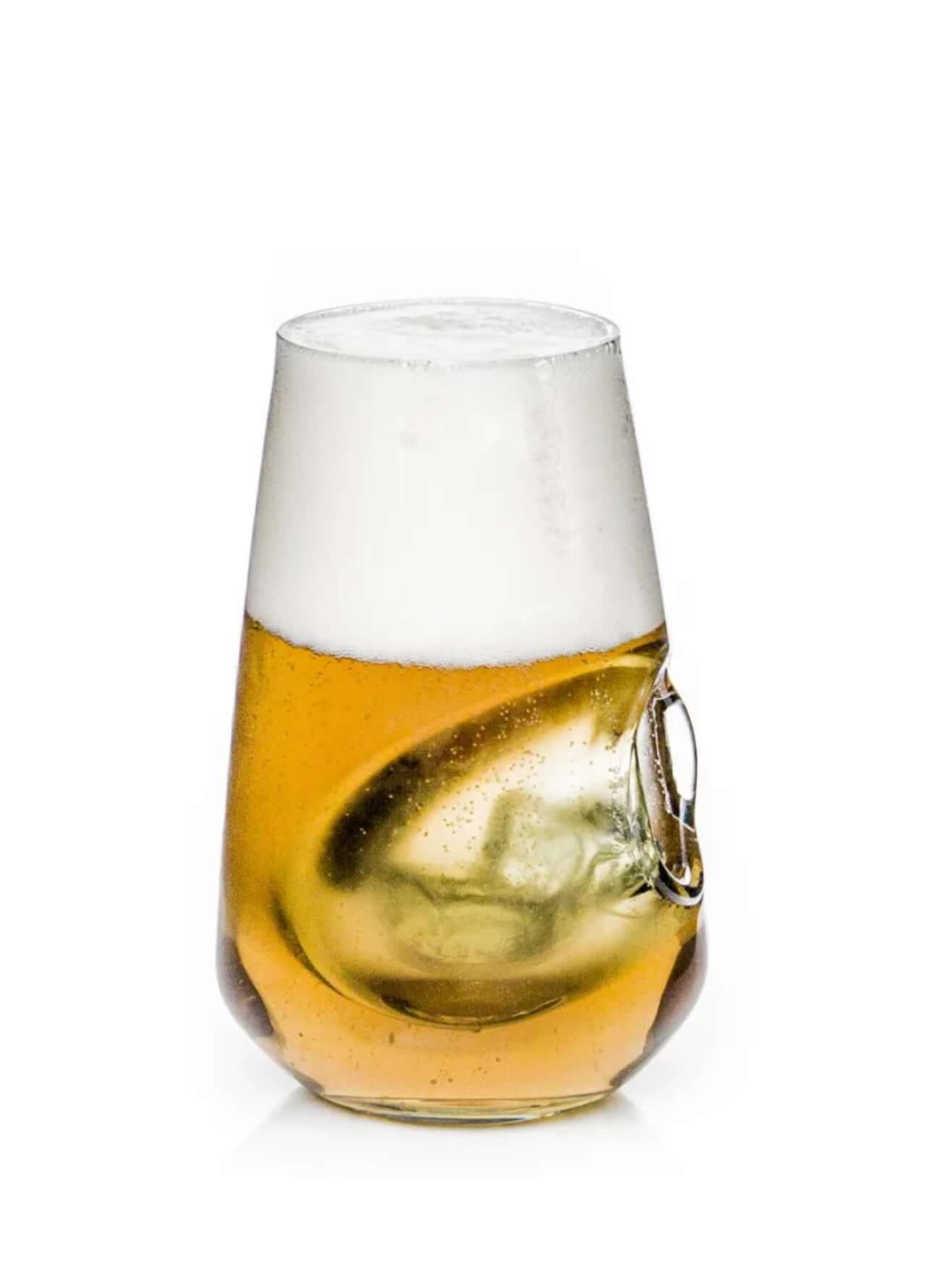 The Best Invention Cooler Tumblers, Set of 2 holding a cold beer with foam, showing cooling bubble feature.