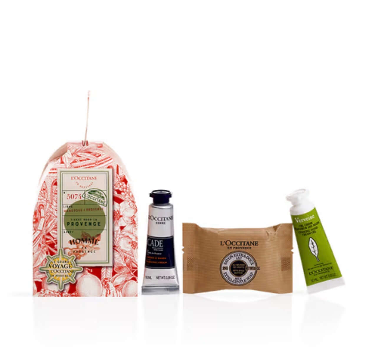 L'Occitane Essential Trio For Men set featuring Cade cream, hand cream gel, and milk soap in festive packaging.