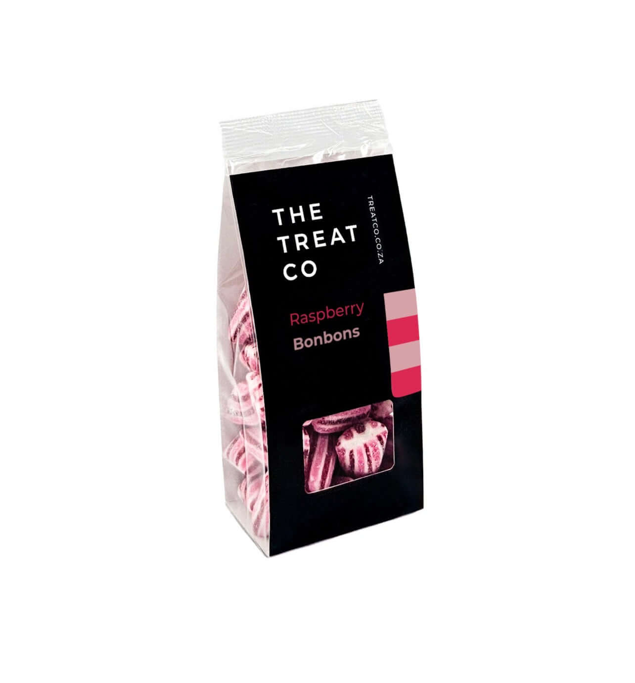 Raspberry Bonbons in a sleek package with bold pink stripes, showcasing sweet and tart flavors.