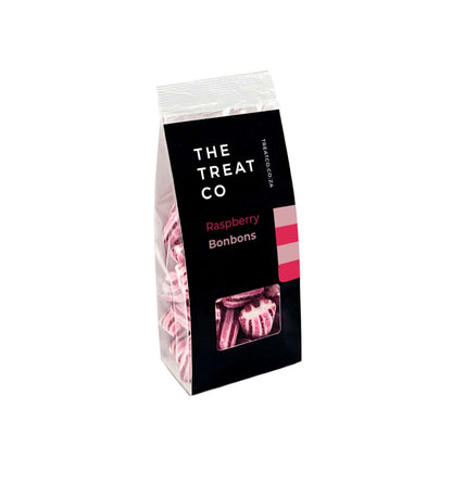 Raspberry Bonbons in a sleek package with bold pink stripes, showcasing sweet and tart flavors.