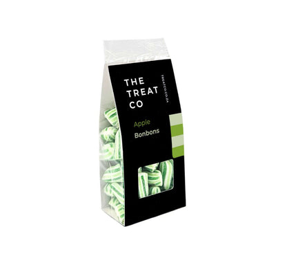 Apple Bonbons in a clear bag showcasing their green-and-white striped design, highlighting bold apple flavor.