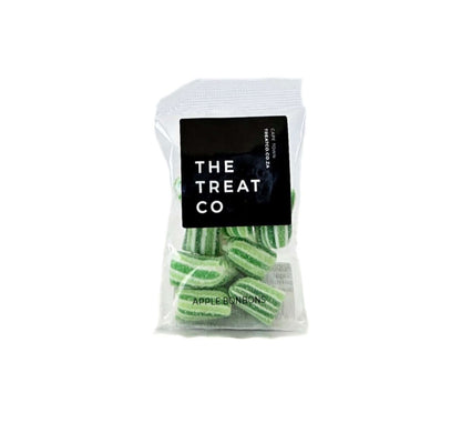 Apple Bonbons in a clear bag by The Treat Co, showcasing green-and-white striped candies.