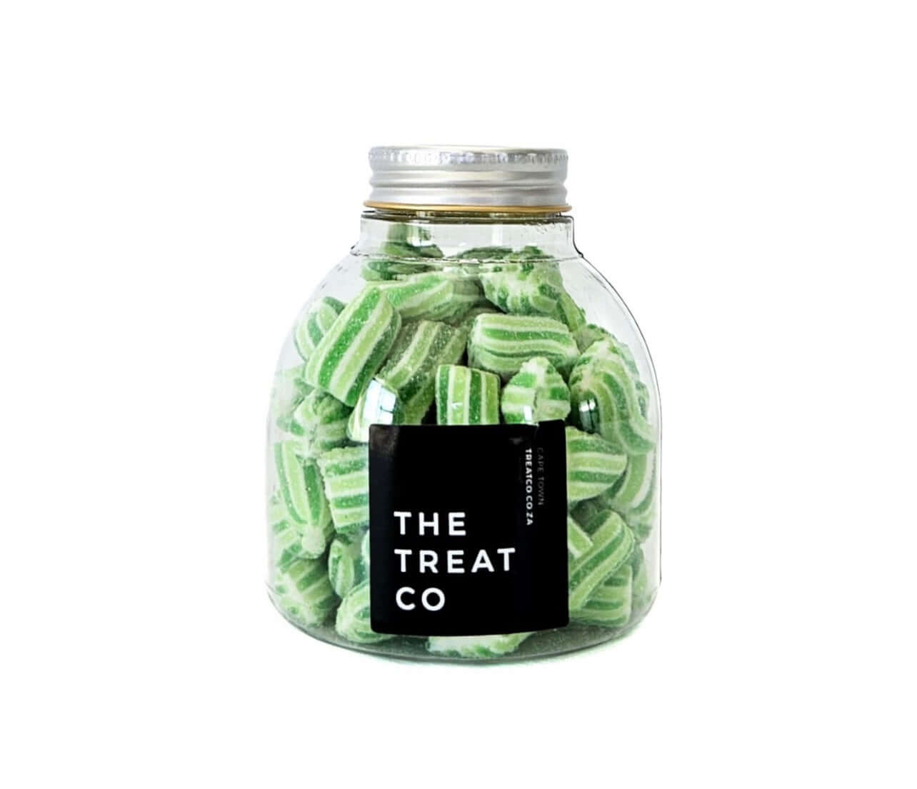 Apple Bonbons in a clear jar from The Treat Co, featuring green-and-white striped classic candies.