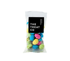 A clear bag filled with colorful Bird's Eggs candy treats, featuring a vibrant chocolate coating and jelly center.