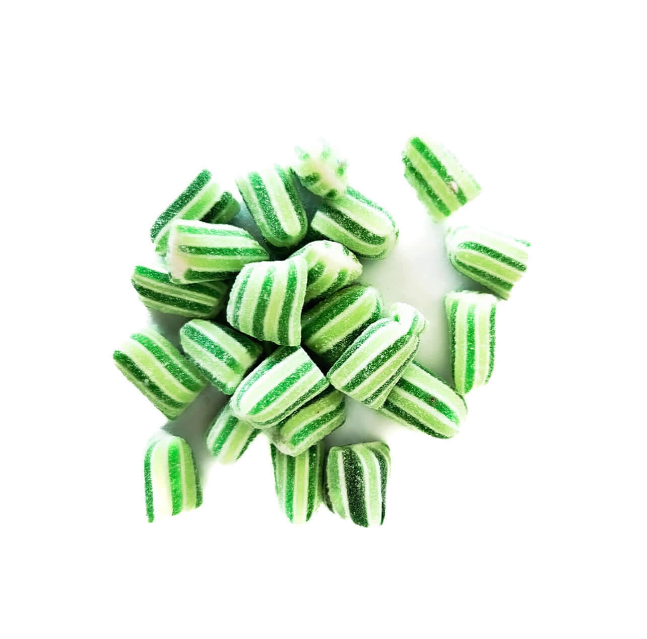 Apple Bonbons in green and white stripes, showcasing tart sweetness and classic candy appeal.