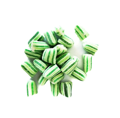 Apple Bonbons in green and white stripes, showcasing tart sweetness and classic candy appeal.