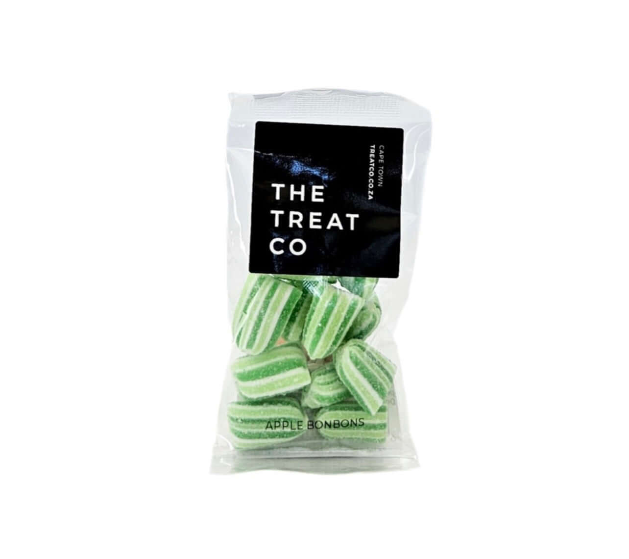 Apple Bonbons in a clear bag, featuring green-and-white striped candies with bold apple flavor.