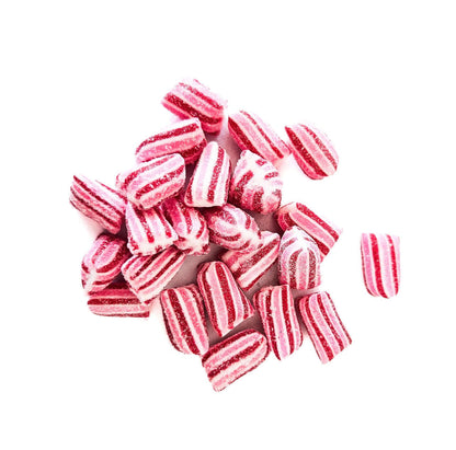 Raspberry Bonbons with bold pink stripes, showcasing a sweet and tart raspberry flavor.