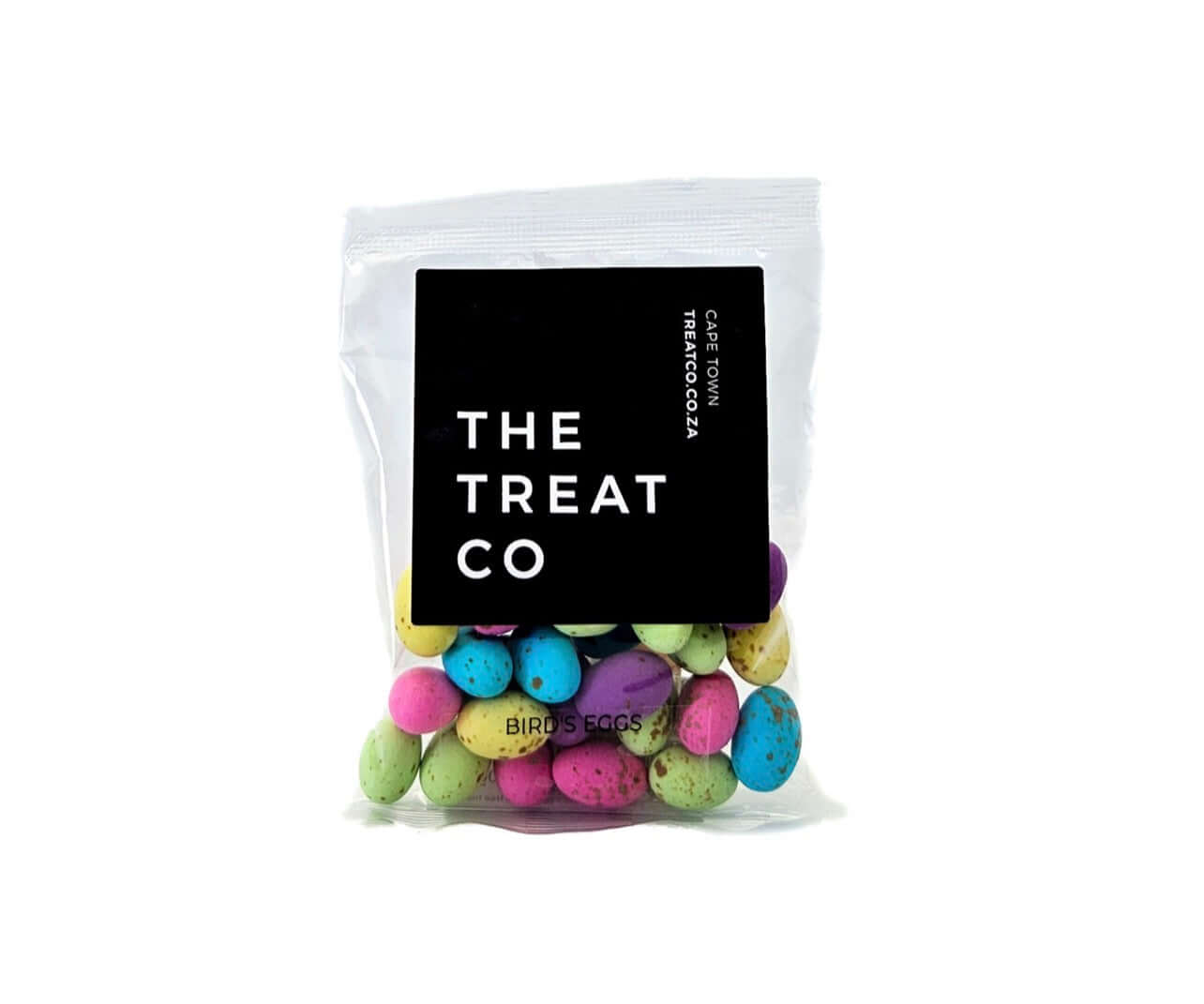 Colorful Bird’s Eggs in a clear package from The Treat Co, perfect for snacking or gifting.