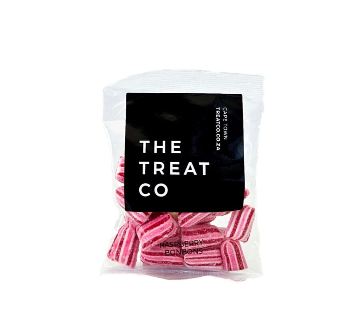 Raspberry Bonbons in a clear bag, featuring bold pink stripes and sweet raspberry flavor.