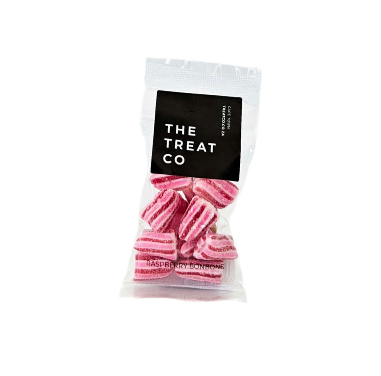 Raspberry Bonbons in a clear bag, showcasing bold pink stripes and sweet raspberry flavor.
