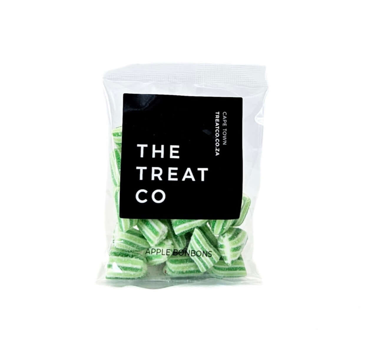 Apple Bonbons in a clear pouch, showcasing green-and-white striped candies with bold apple flavor.