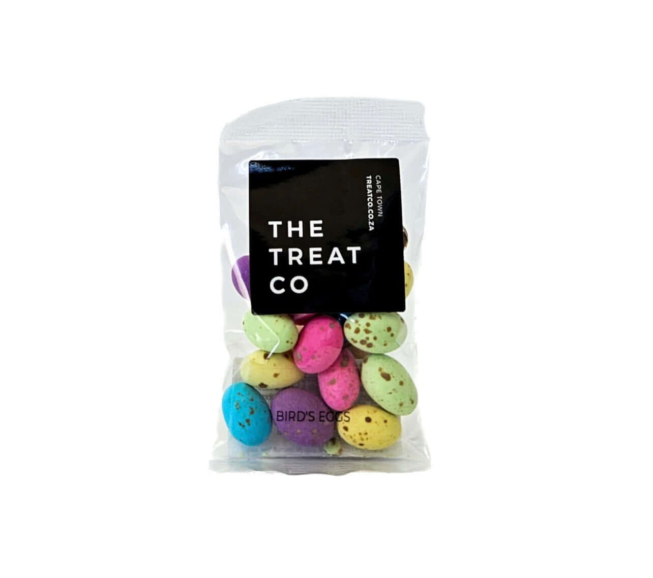 A bag of colorful Bird’s Eggs, featuring crispy candy-coated chocolates in vibrant hues.