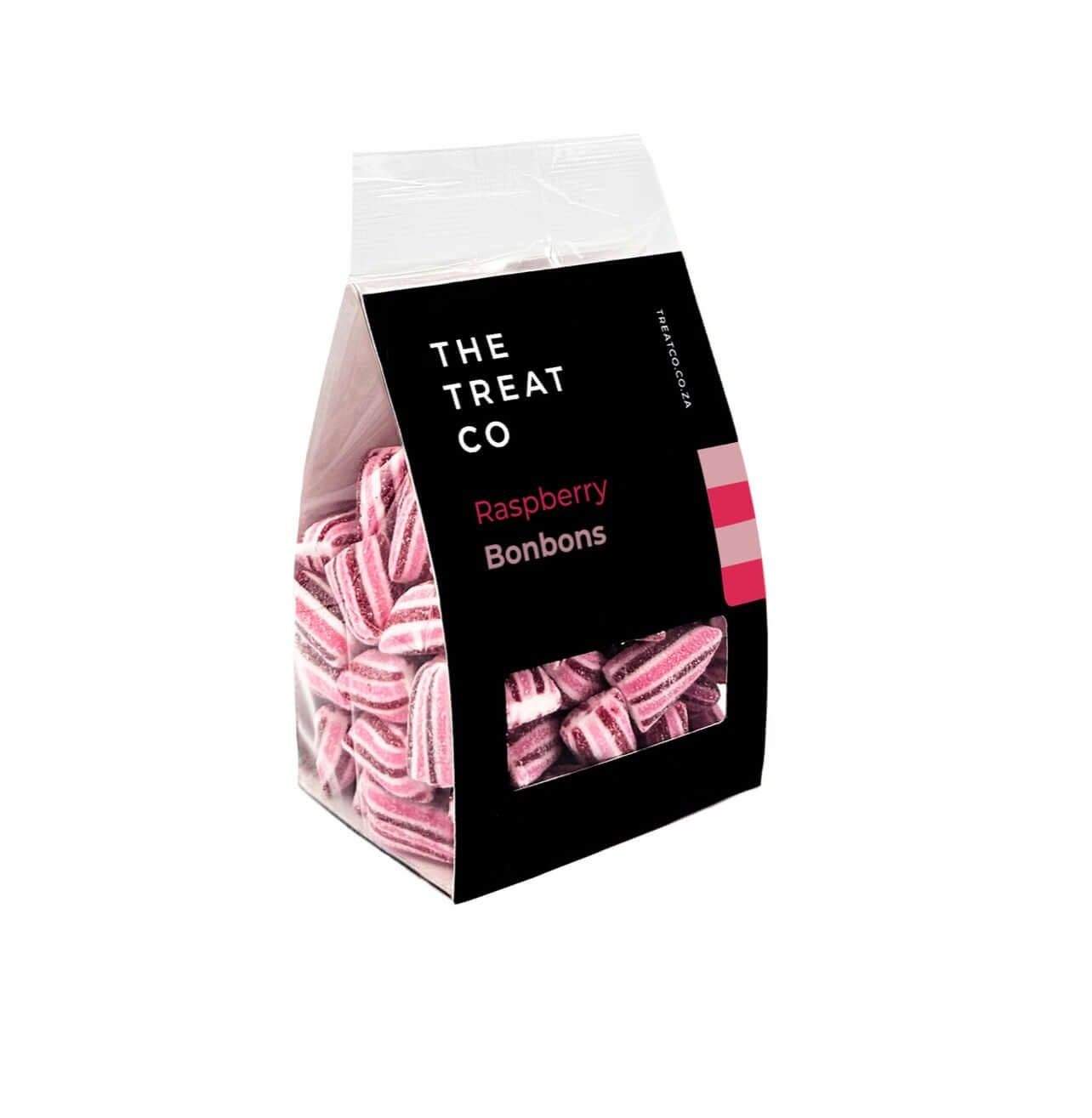 Raspberry Bonbons packed in a clear bag with bold pink stripes, showcasing sweet raspberry flavor.
