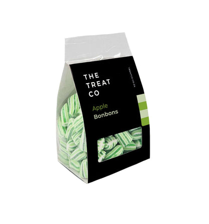 Bag of Apple Bonbons with green and white stripes, showcasing bold apple flavor and balanced sweetness.