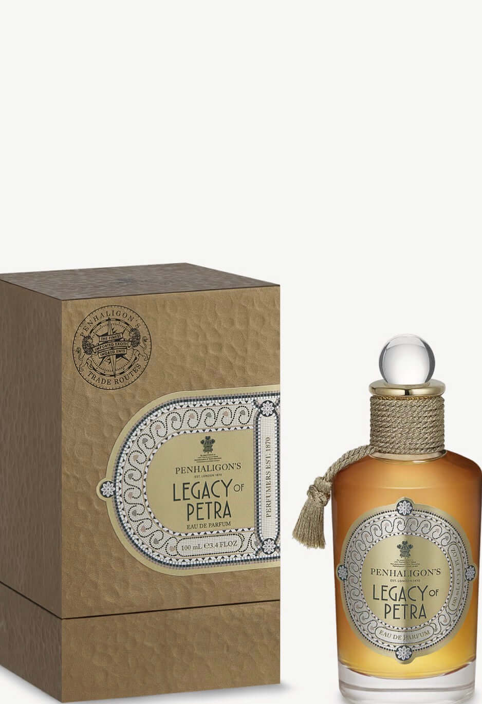 The Legacy Of Petra by PENHALIGON’S fragrance bottle and box showcasing its rugged charm.