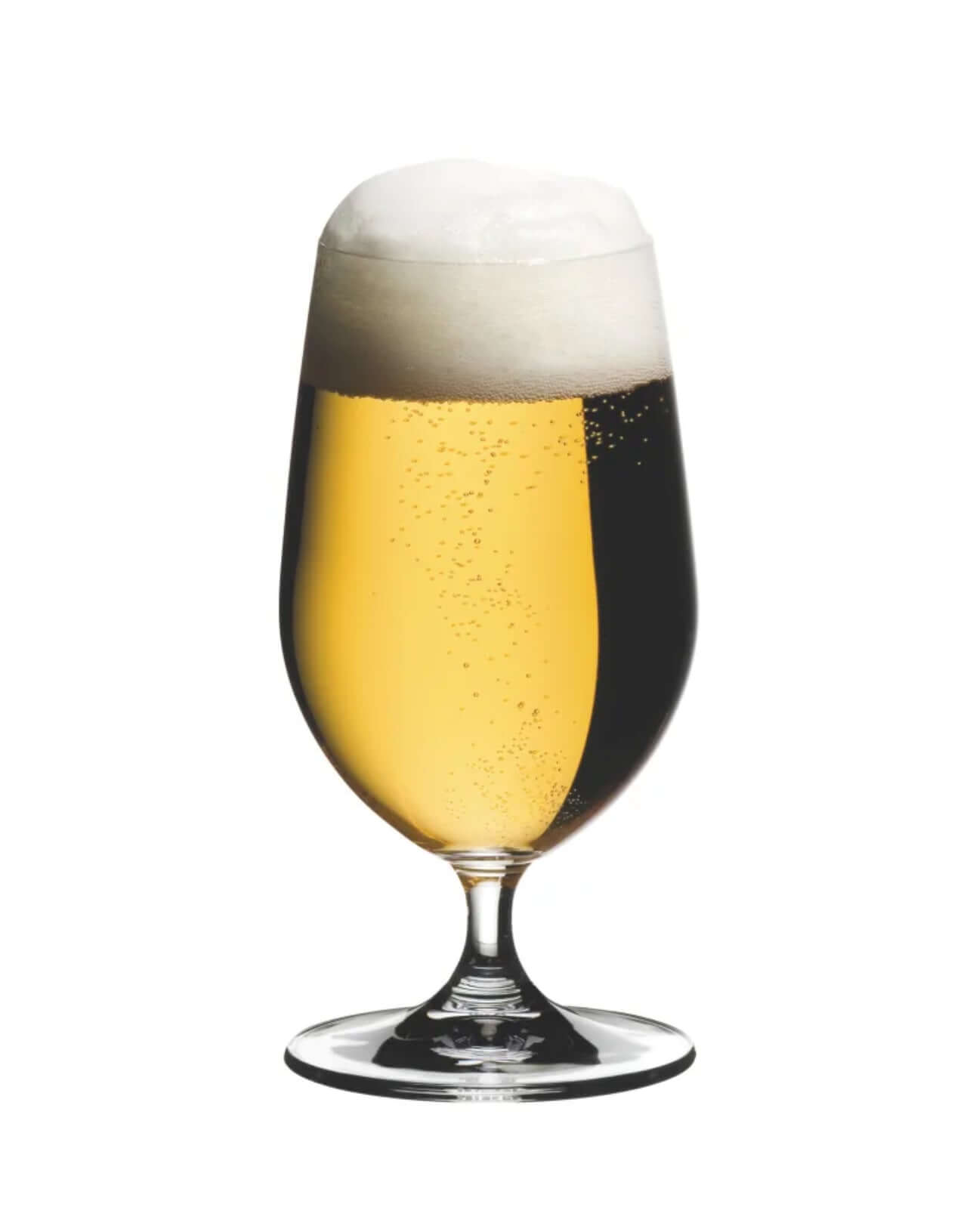 Ouverture Beer Glasses, Set of 2 showcasing a pilsner filled with golden beer and frothy head.