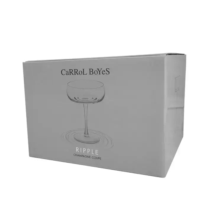 Ripple Champagne Coupe Glass Set of 4 - Carrol Boyes packaging box featuring elegant design.